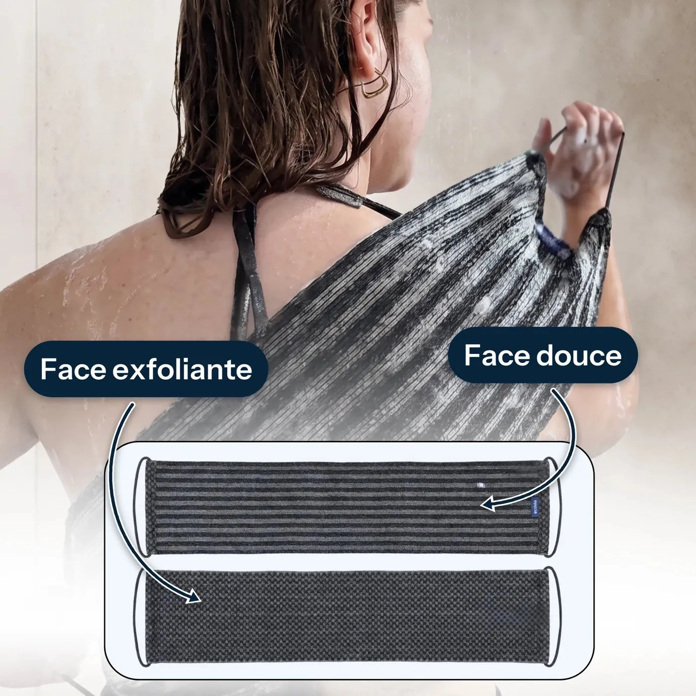 Serviette Ecovia avec sangles : face exfoliante et face douce